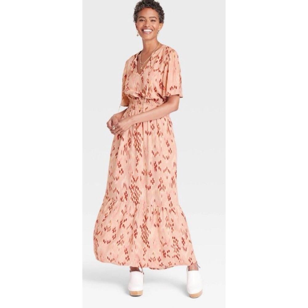 Knox Rose Long Boho Keyhole V Neck Tie Tassel Pink Peach Maxi Dress Size XXL